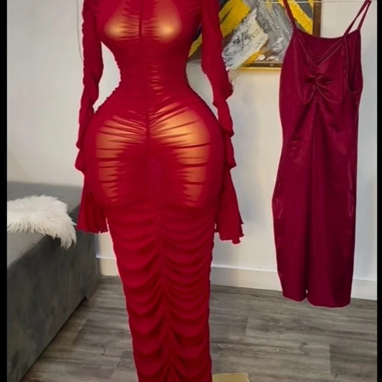 CM.YAYA Women Flare Long Sleeve Stacked Ruched Mesh See Though with Tank Dress Maxi Long Dress 2025 Birthday Sexy Party Dresses