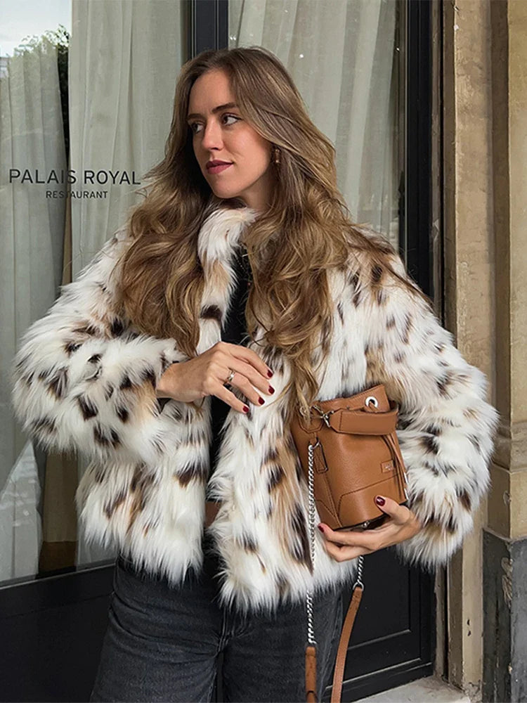 Leopard Faux Fur Coat Women Short Autumn Winter Plush Stand Collar Panelled Jacket Female Warm Stylish Outerwears Lady Casual