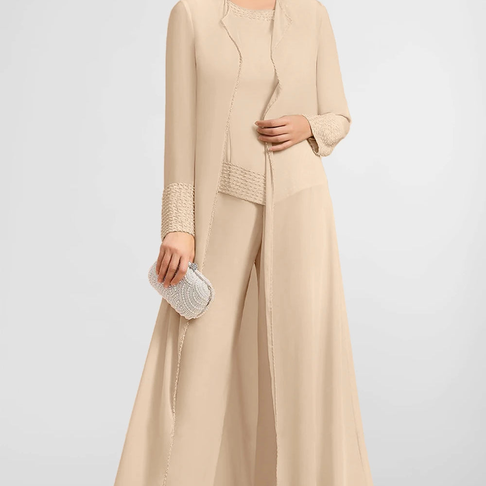 Flycurvy Plus Size Mother Of The Bride Apricot Sequin Embellishment Chiffon Wide Leg Three Piece Pant Suit