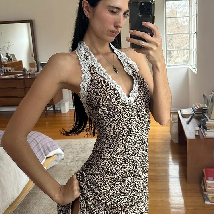 Leopard Print Backless Sexy Mini Dress For Woman Robe Contrast Color Halter Deep V Neck Sleeveless A-line Club Dress