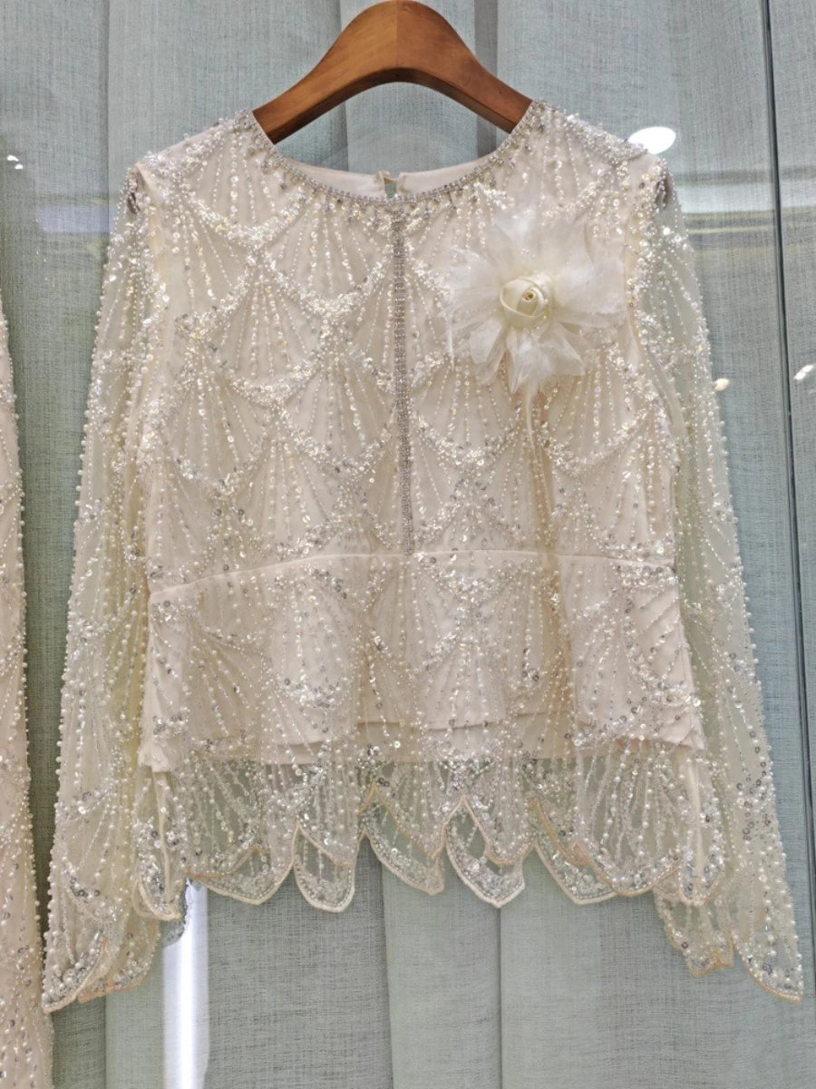 TWOTWINSTYLE Spliced Bead Luxurious Two Piece Sets for Women Round Neck Long Sleeve Patchwork 3D Flower Top Skirt Set Female New