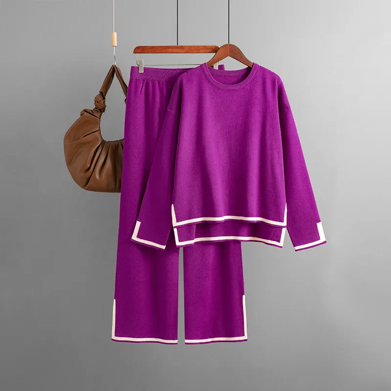 HLBCBG Knitted Women's Trousers Suit Two Piece Set Beige Winter Loose Long Sleeve Knitwear Flare Pants Sets Female Casual Suits PURPLE One Size