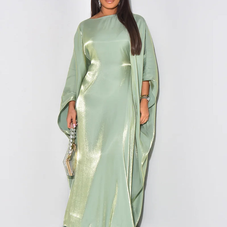 CM.YAYA Women Loose O-neck Full Batwing Sleeve Long Maxi Dress Summer Satin Vintage Africa Streetwear Vestido Evening Dresses