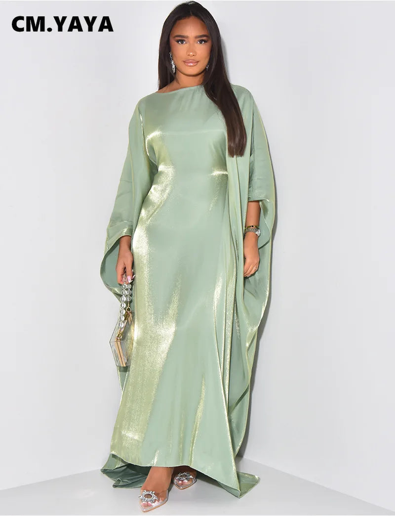 CM.YAYA Women Loose O-neck Full Batwing Sleeve Long Maxi Dress Summer Satin Vintage Africa Streetwear Vestido Evening Dresses