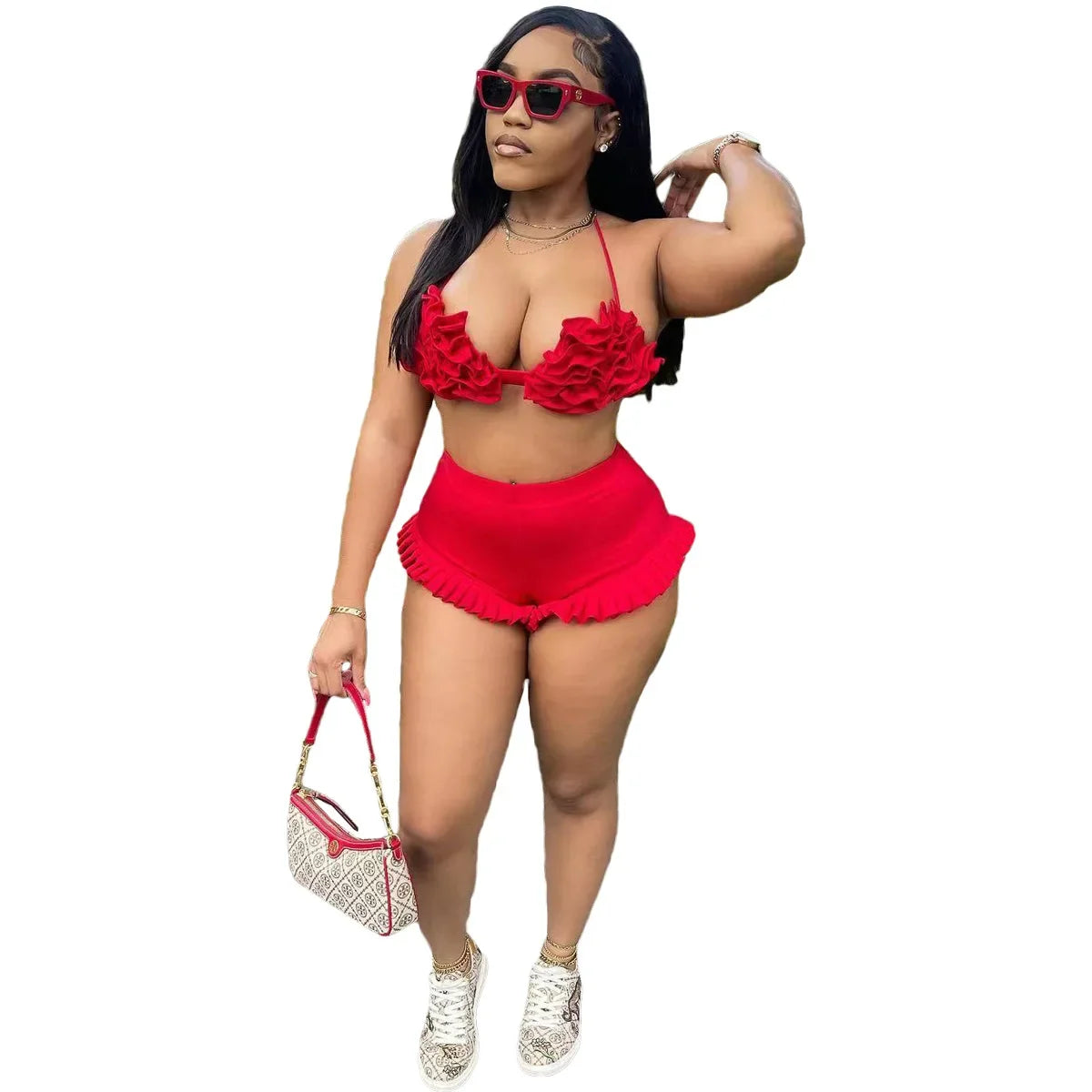 CM.YAYA Women's Set Ruffles Crop Top Bra and Shorts Bikini Set Streetwear Casual Two 2 Piece Outfits Summer 2024 Beach Holiday