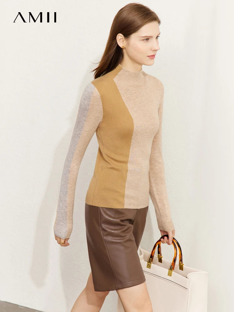 Minimalism Knitted Sweater Women Autumn All-match Slim Half High Collar Splicing Design Soft Clothing Tops