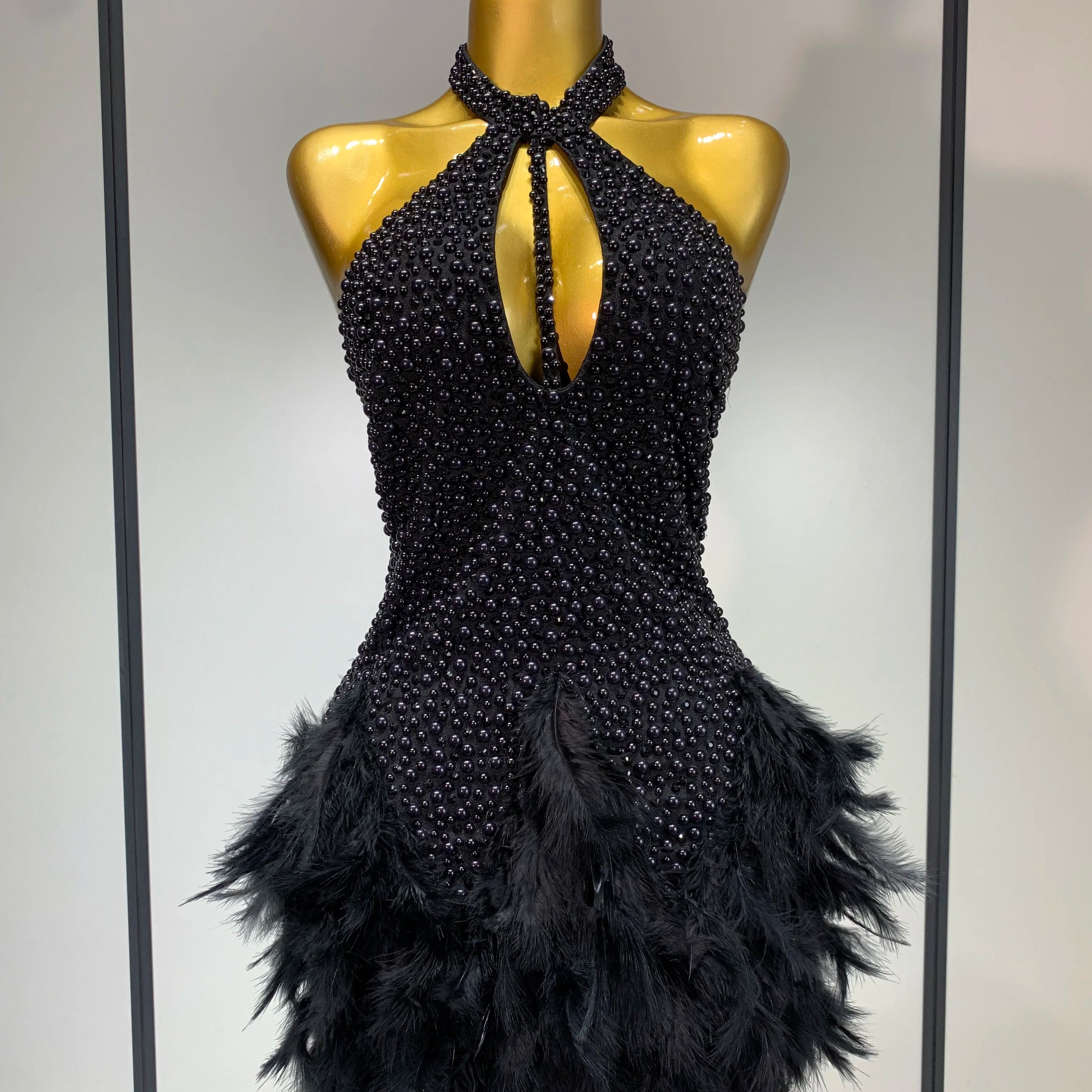 Sexy Backless Feathers Performance Costume Stage Dancer Black Mini Stretchy Nightclub Luxury Birthday Evening Party Dresses
