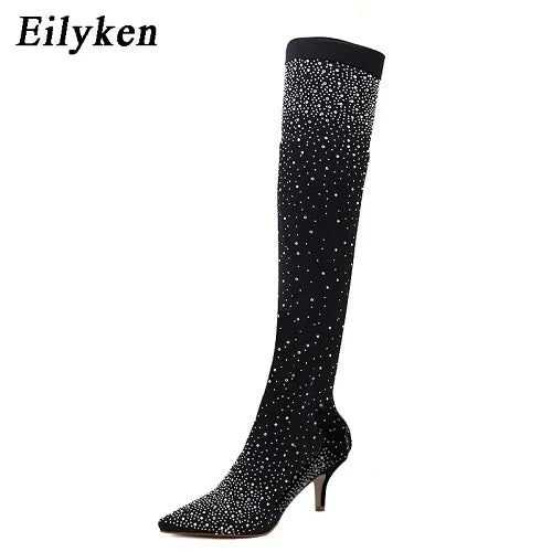 Fashion Runway Crystal Stretch Fabric Sock Over-the-Knee Boot Thigh High Pointed Toe Woman Stiletto Heel Shoes BLACK 7CM