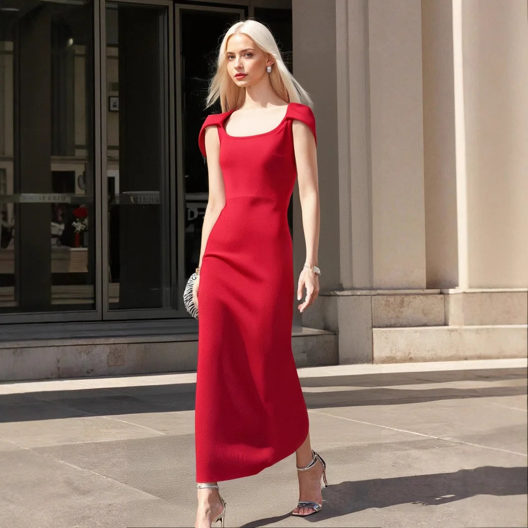 High Quality Red Color Women Sexy Square Collar Short Sleeve Bodycon Long Bandage Dress Evening Party Celebrate Wedding Outfit