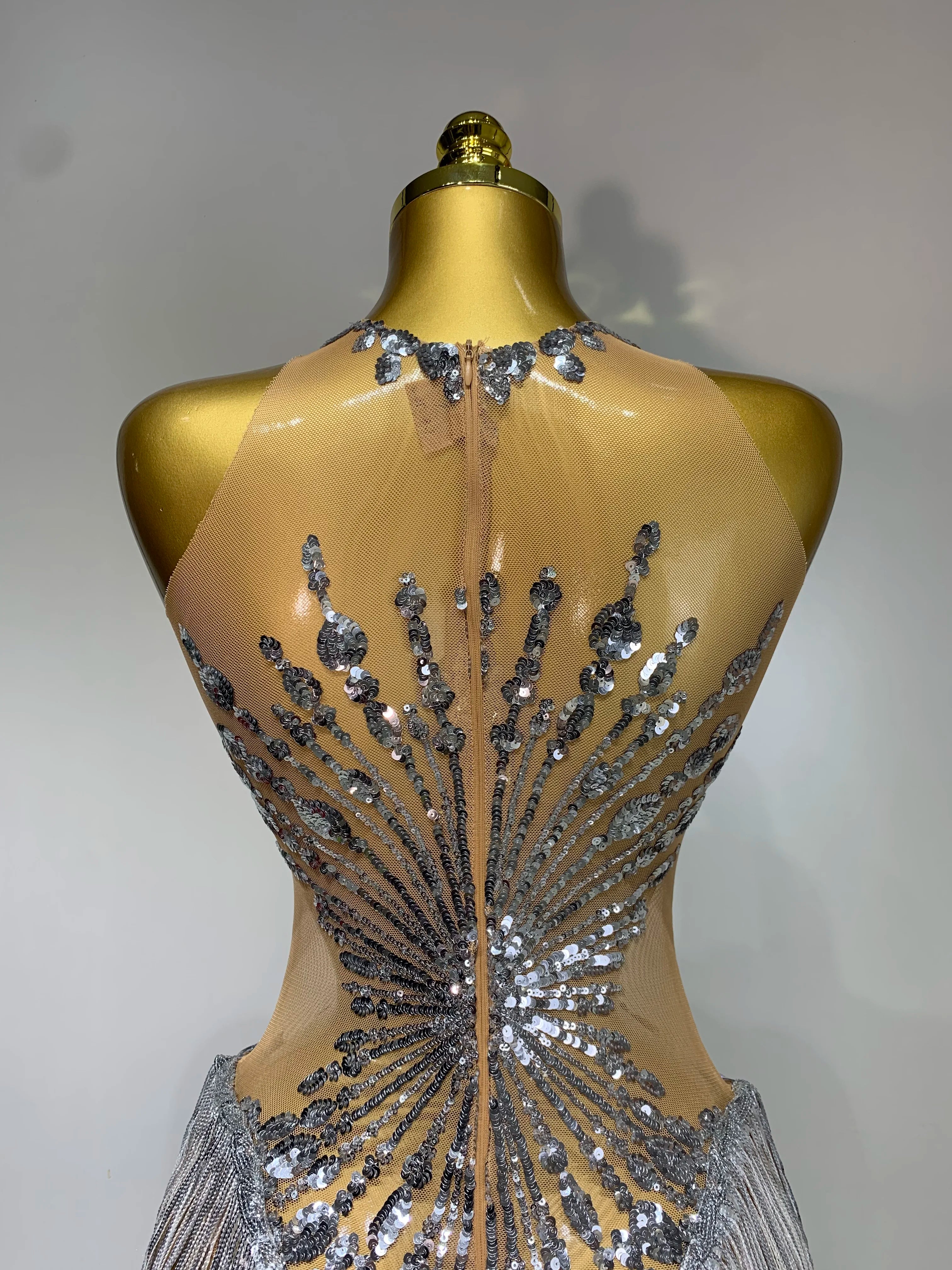 Women Sexy Mesh See Through Diamonds Long Tassels Bodysuit Luxury Evening Party Bar Nightclub Stage Performance Singer Outfit