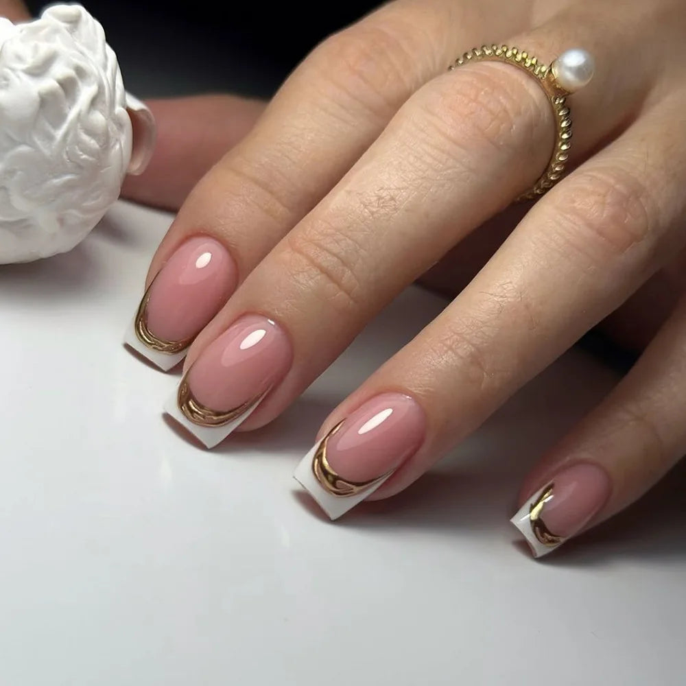 24Pcs Golden Lines Design Fake Nails Short Square Head Press on False Nails Double-layer French Reusable Full Cover Nail Tips
