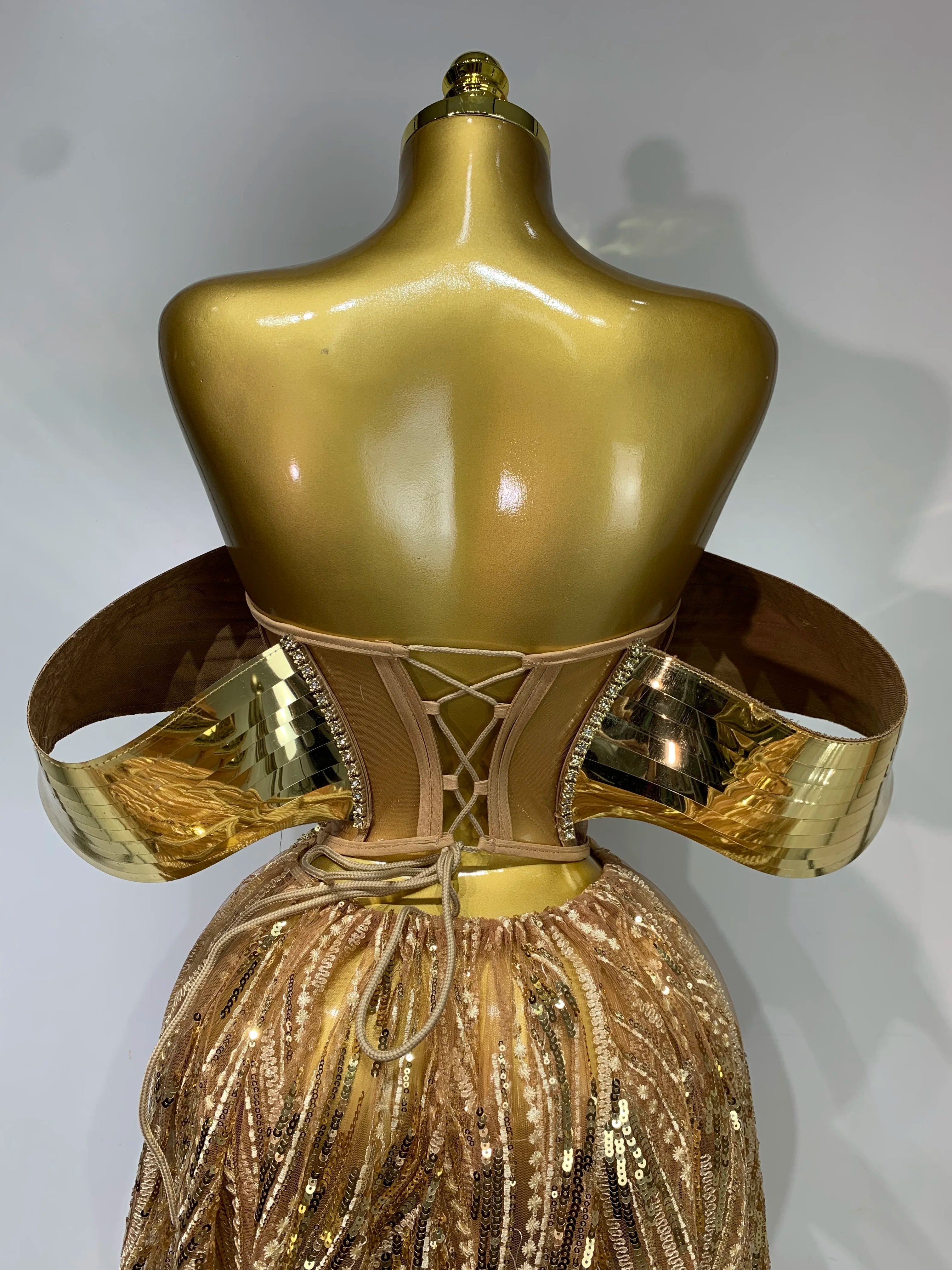 Sparkly Gold Long Dress Luxury Rhinestone Sequins See Thourgh Birthday Gown Sexy Off Shoulder Performance Singer Costume