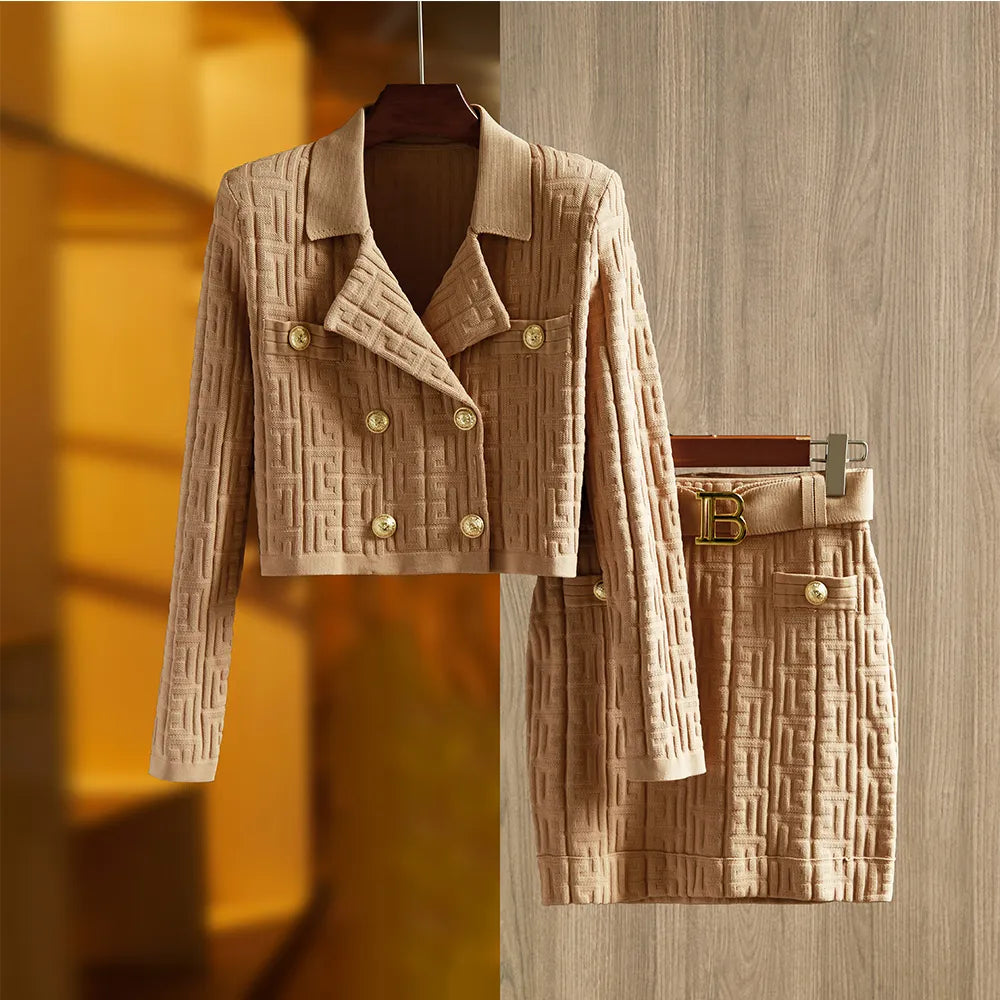 Brand Fall Women Stretch Knit Two Piece Sets Texture Pattern Long Sleeve Cardigan Sweater Tops Slim Skirt Belt 2 Color Option OL Khaki
