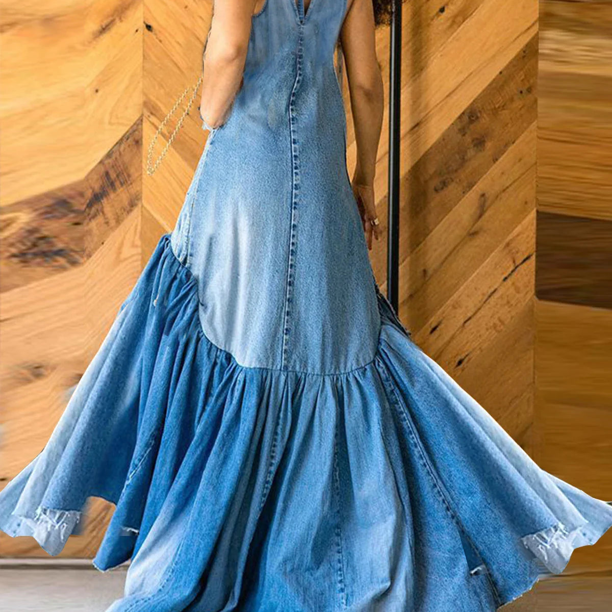 PLUS SIZE Fashion Denim Long Dress Sexy Women Bow Halter Swing Sundress Holiday Sleeveless Robe Casual Loose Mermaid Maxi Dress