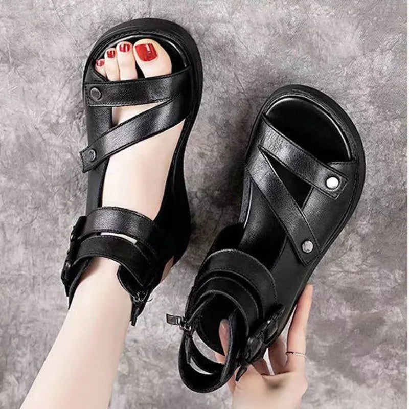 Women's High Heel Roman Shoes Summer Fashion Shoes High Top Soft Leather Slope Heel Cool Boots Thick Sole Sandals Woman