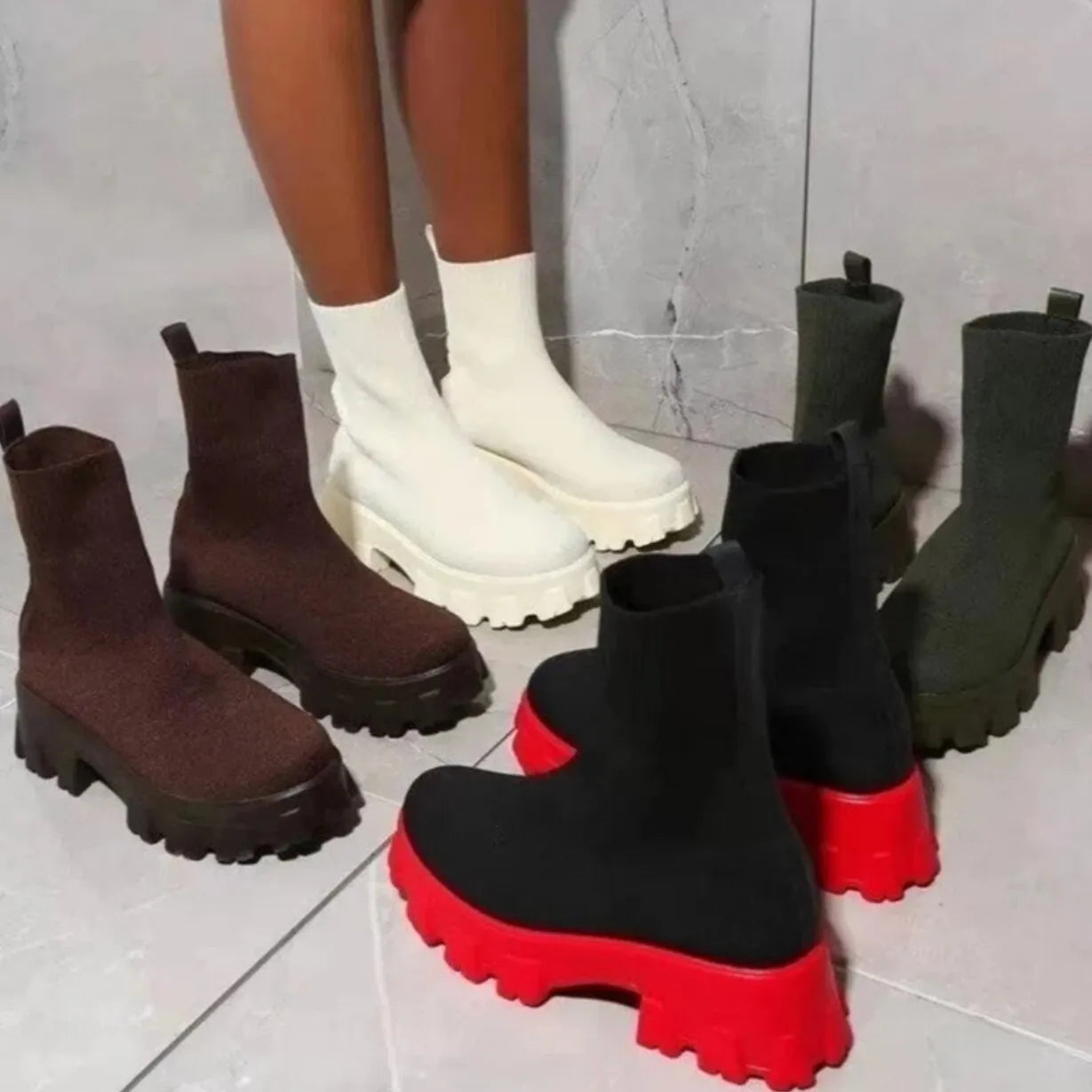 Autumn Winter Couple Shoes Women Thick-Soled Casual Large Size Red Knitted Short Boots Fashion Women Boots Size 36-41