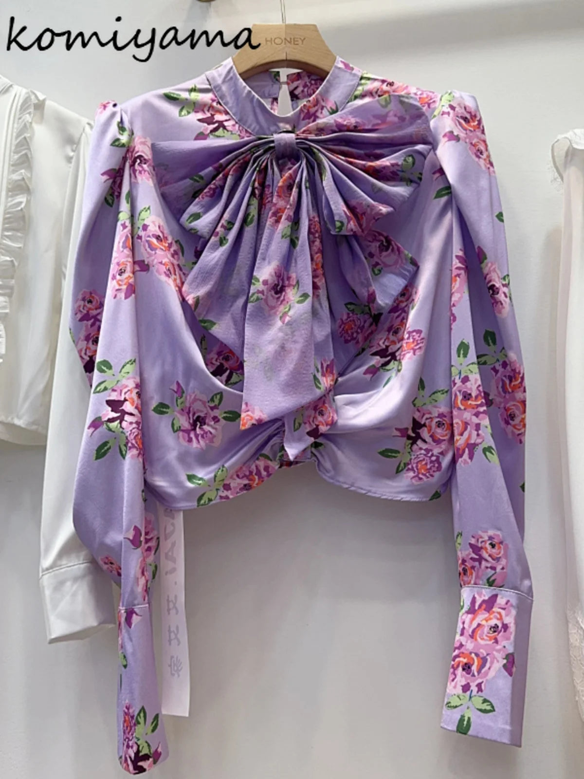 Blusas de flores quebradas, camisas e blusas com laço, elegantes, para mulheres, manga comprida, estilo coreano, 2025