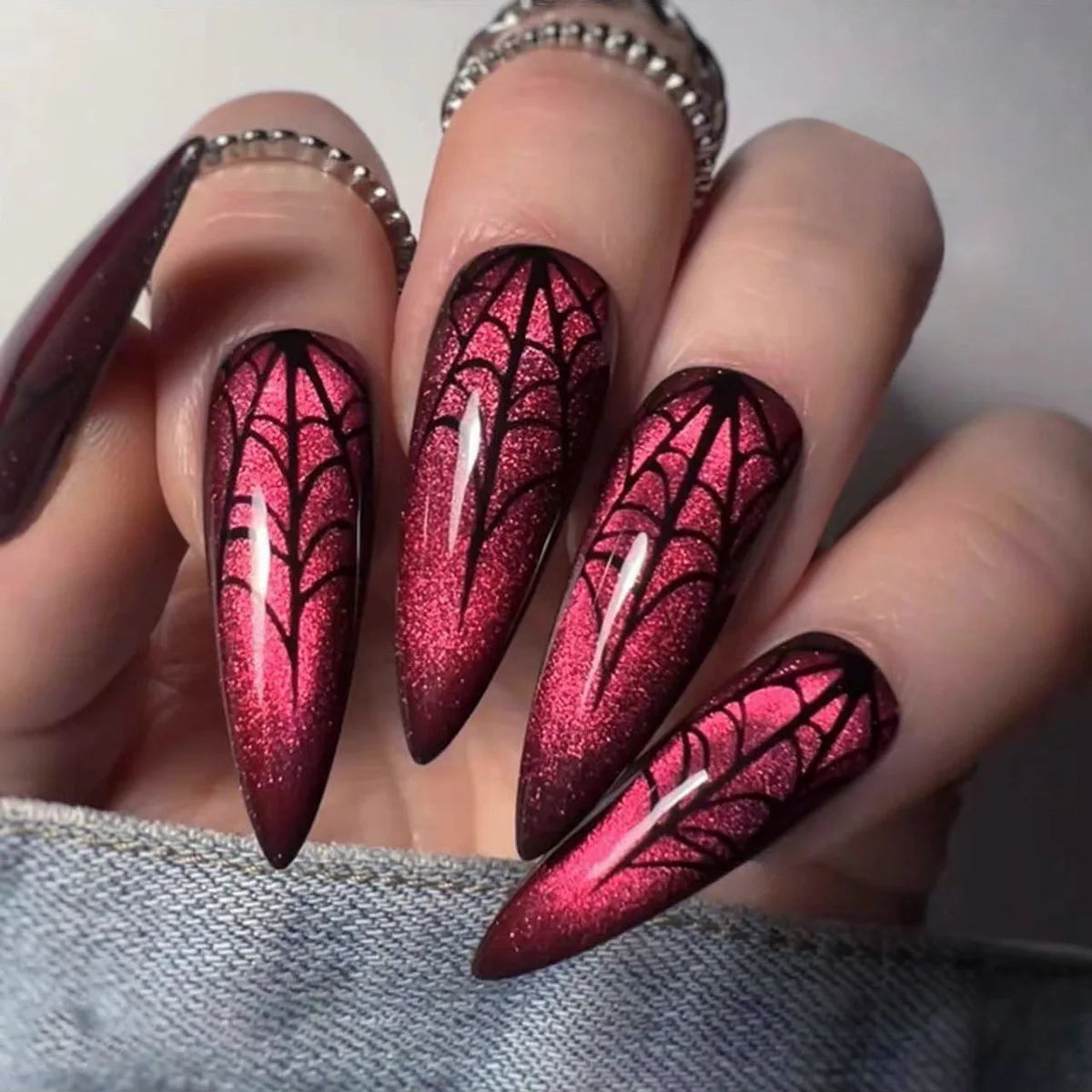 24pcs Blue Cat Eye Fake Nails Wearable Long Stiletto False Nails Simple Press on Nail Art Fashionable Full Cover Manicure Tips.