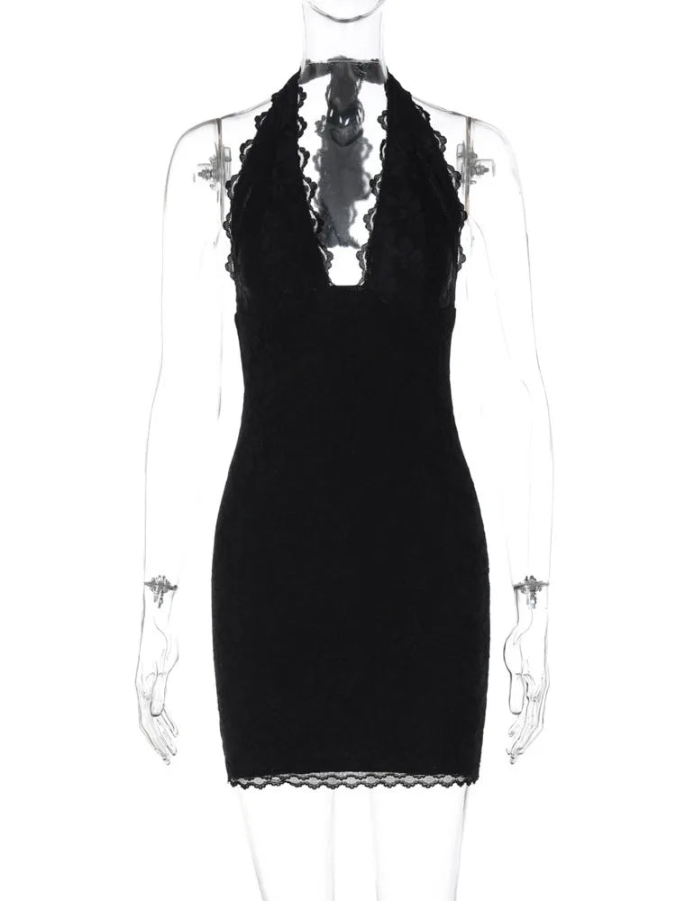 Lace Halter Sexy Mini Dress For Women Robe Off-shoulder Deep V Neck Sleeveless Backless Skinny Club Party Dress Robe
