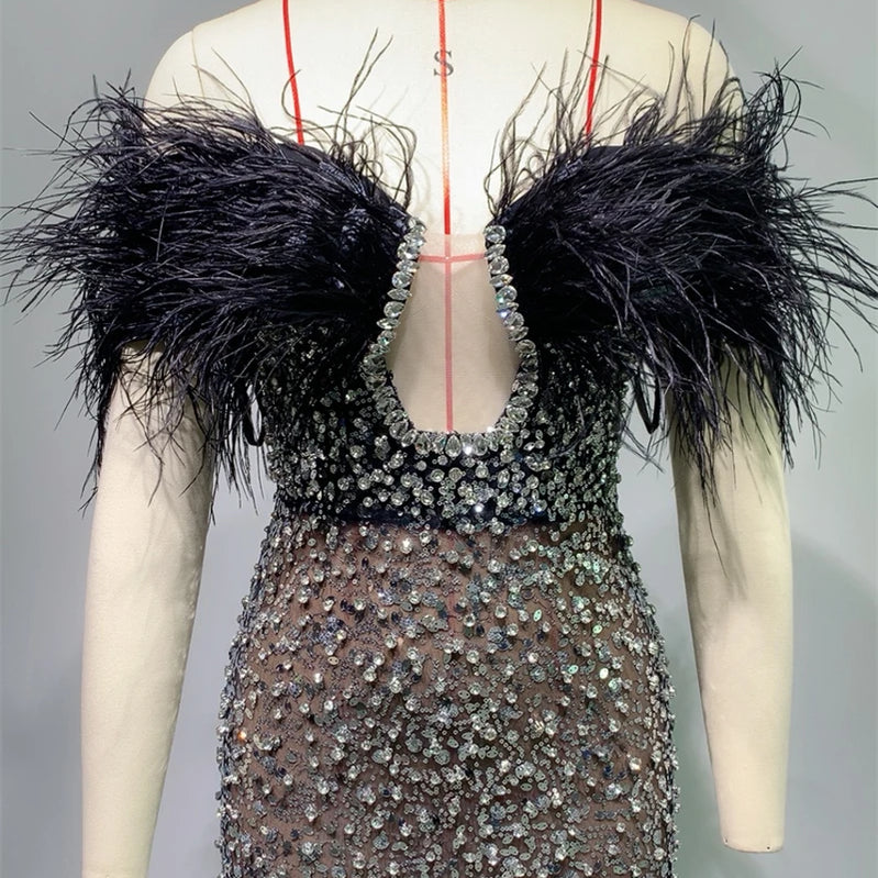 Luxury Feather Dazzling Diamonds Sexy Mesh See Through Black Floor Length Dress Goddess Evening Party Dress Red Carpet Vestido