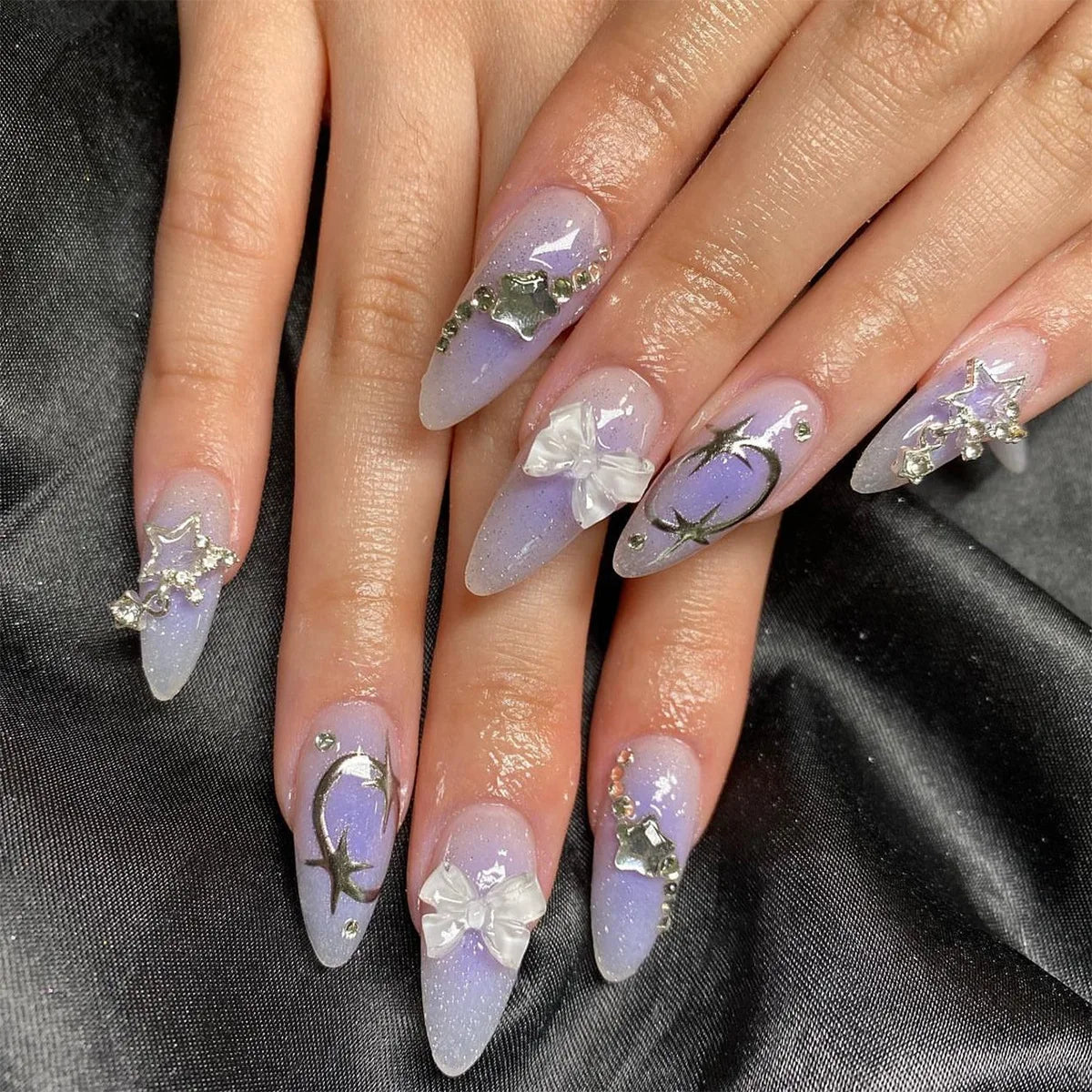 24Pcs 3D Bow French Press on Nails Set with Almond Design Long Stiletto Y2k Fake Nail Art Blue Wearable French False Nails Tips