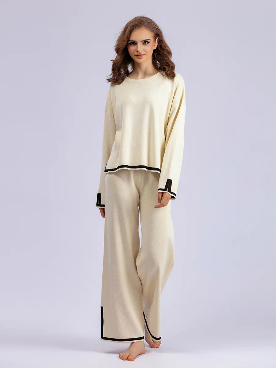 HLBCBG Knitted Women's Trousers Suit Two Piece Set Beige Winter Loose Long Sleeve Knitwear Flare Pants Sets Female Casual Suits