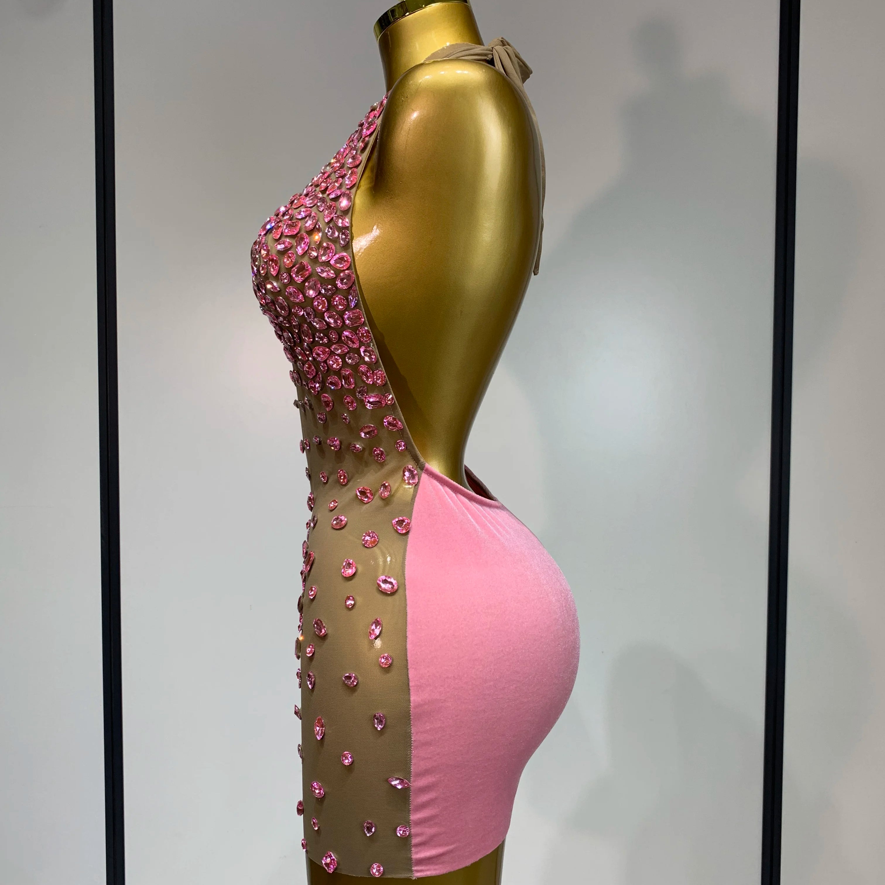 Luxury Rhinestones Backless Mini Dress Women Sexy Mesh Transparent Celebrate Evening Birthday Photo Shoot Perform Stage Outfit