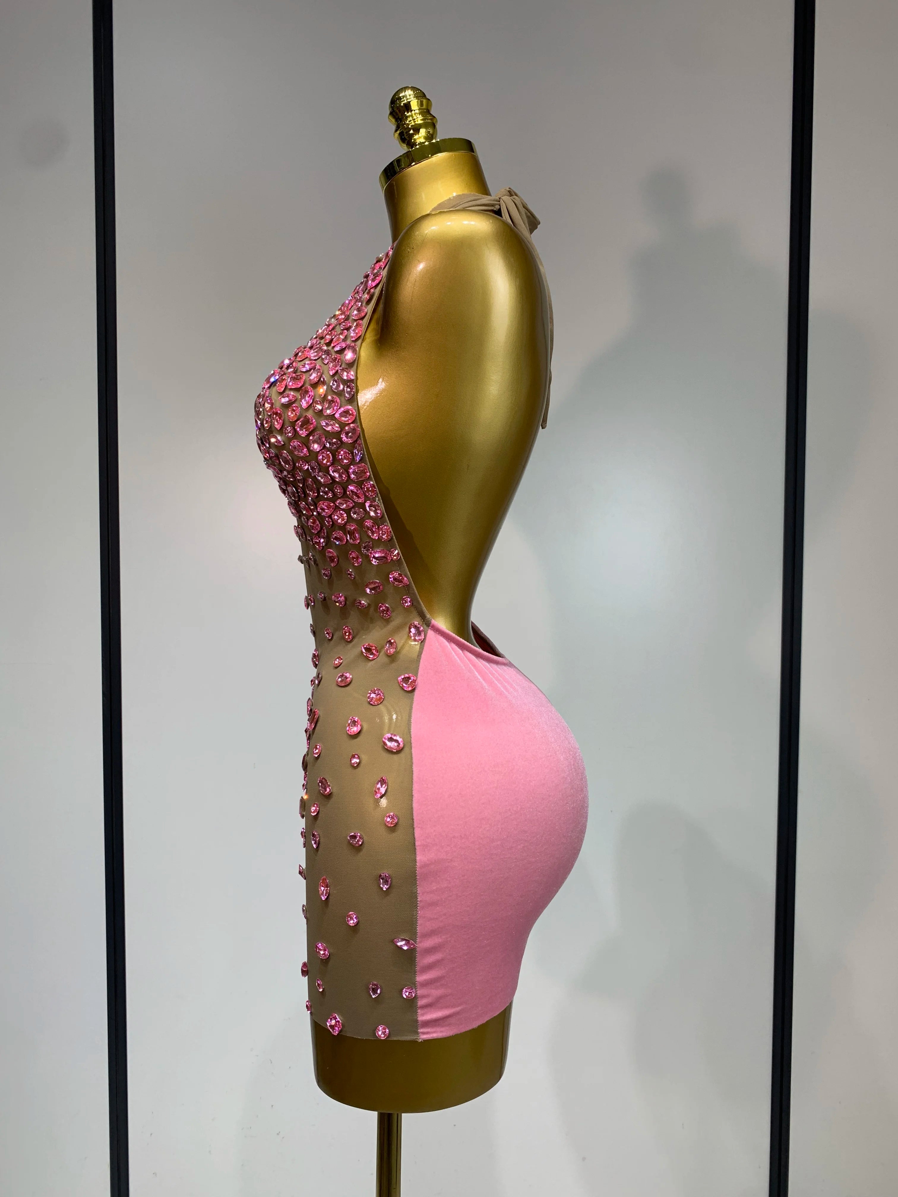 Luxury Rhinestones Backless Mini Dress Women Sexy Mesh Transparent Celebrate Evening Birthday Photo Shoot Perform Stage Outfit