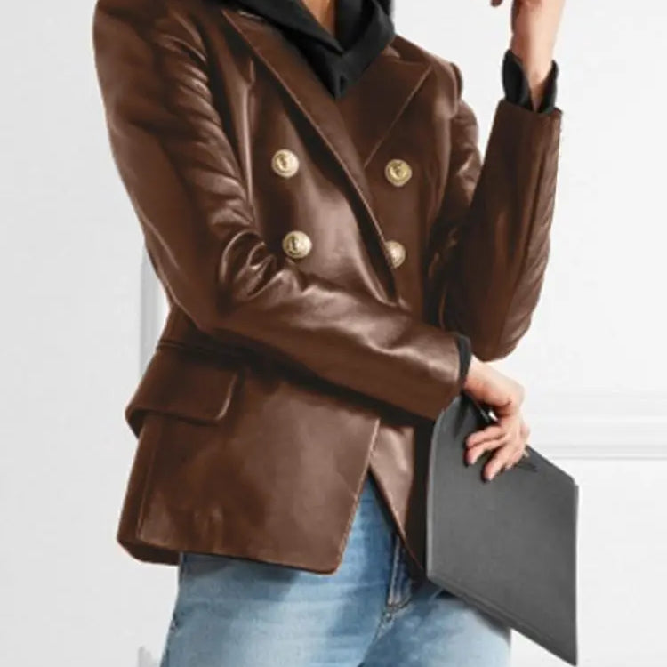 Solid Work Outerwear Women PU Leather Jacket Autumn Buttons Thin Blazer Vintage Long Sleeve Casual Lapel Collar Coat Brown