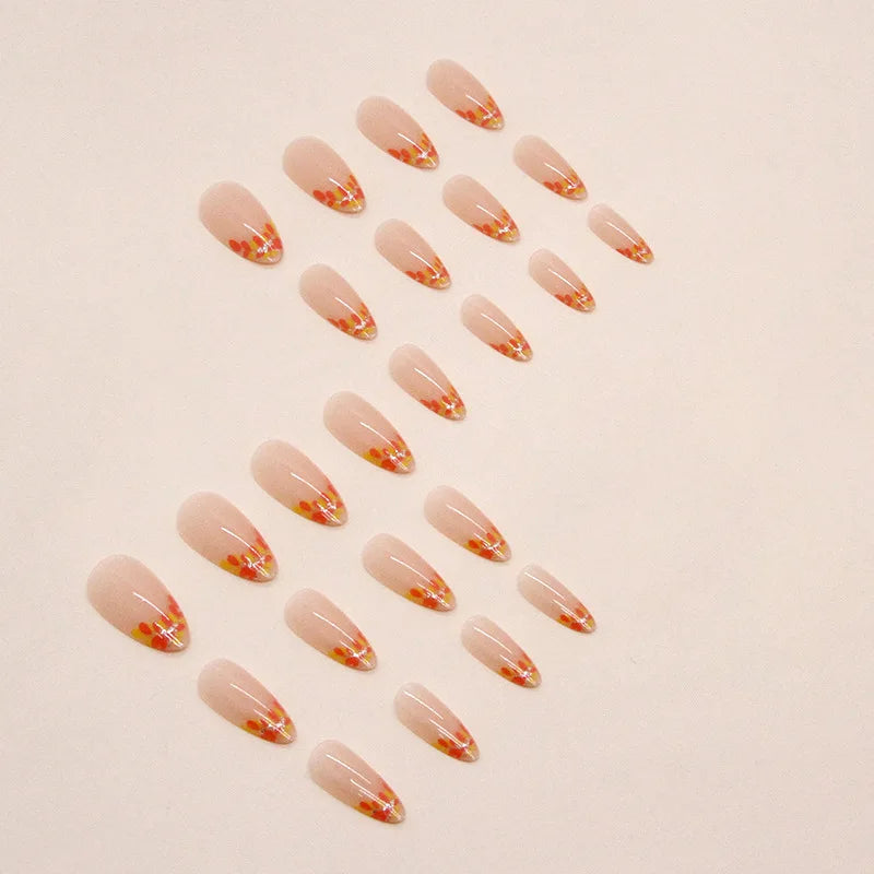 24pcs Autumn Leaf Glitter French Press on Nails Orange Almonds Fake Nails Full Cover Wearable False Nails