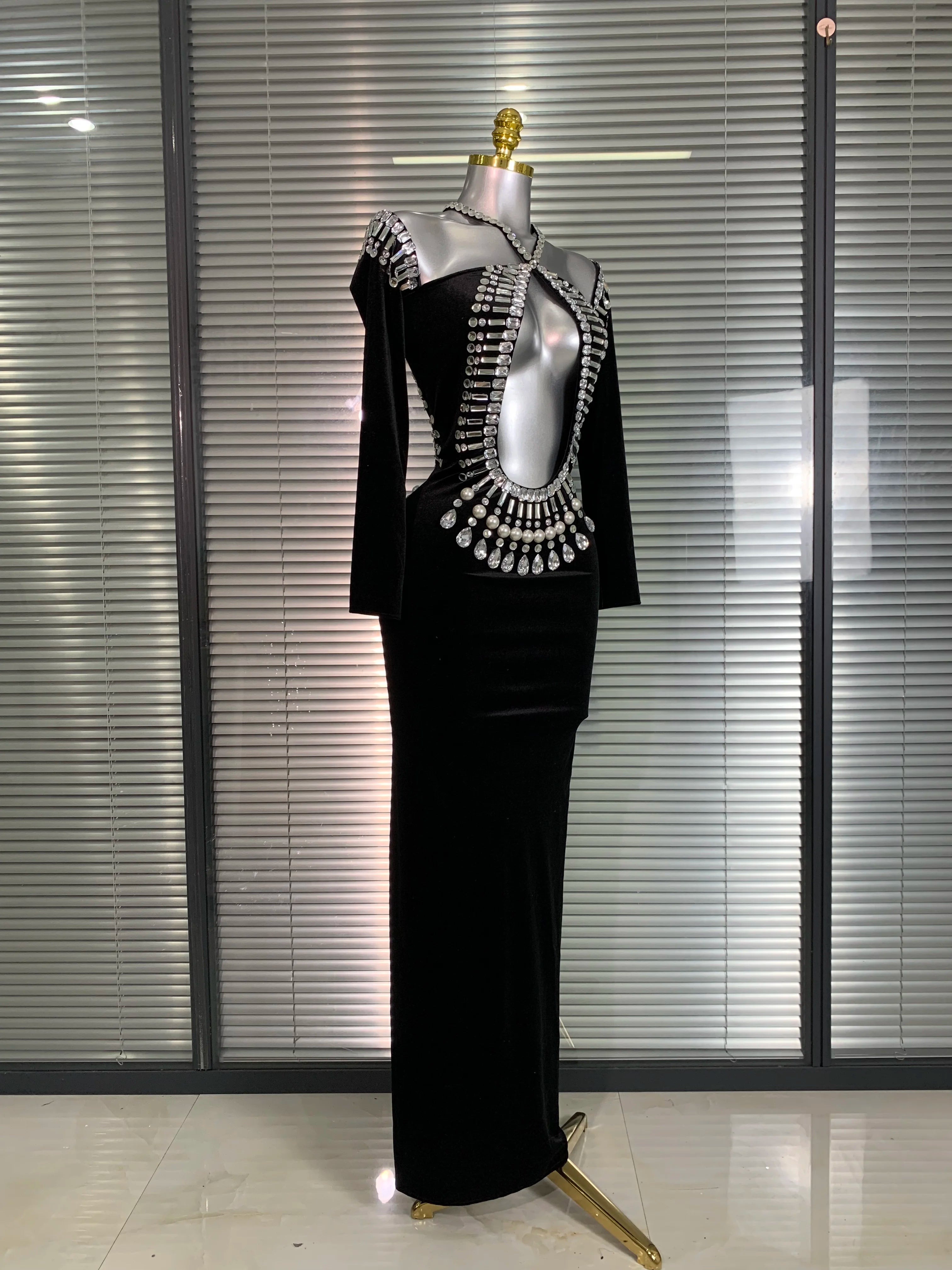 INS New Women Sexy Velvet Stretched Crystal Diamonds Rhinestones Maxi Dress Night Club Party Singer Stage Costume