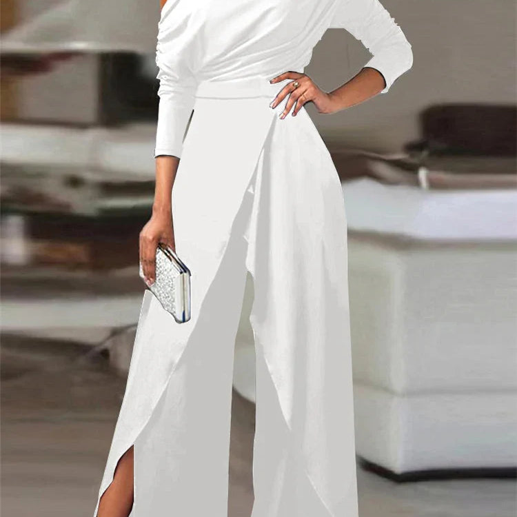 Elegant Jumpsuits for Women Spring New Plain Elegant Office Lady Loose Ruched Cold Shoulder Split Hem Wide Leg Jumpsuit WHITE