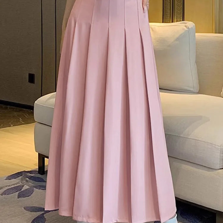 Women High Waist Jupe Korean Fashion Pleating Skirt Vintage Office Lady Spring Falda Holiday Loose Solid Maxi Skirts