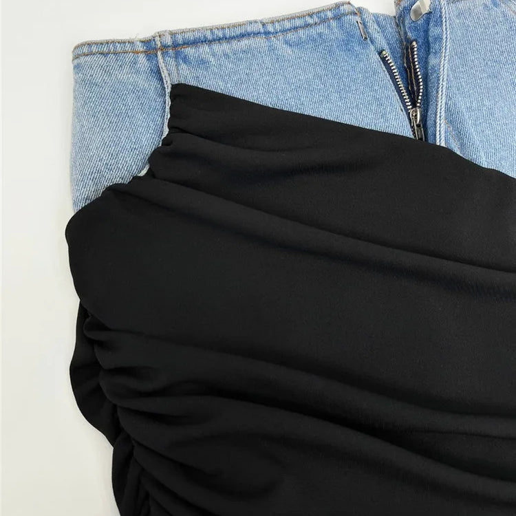 Women Designer Bodycon Maxi Skirt Colorblock Spliced High Waist Stretch Ruched Casual Long Pencil Skirt