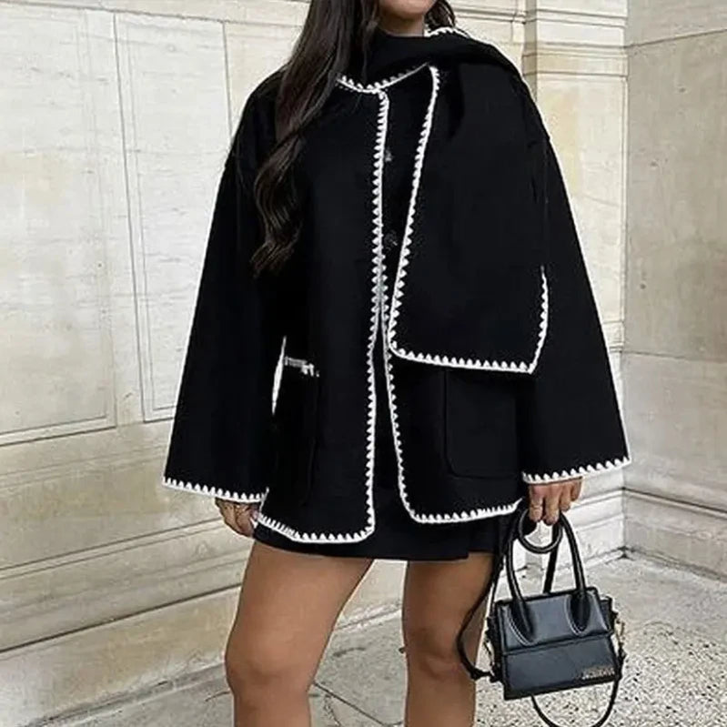 TRAFZA 2023 Autumn Fashion Woman Black Crochet Scarf Coat O Neck Long Sleeve Button Straight Casual Vintage Female Cozy Coats black