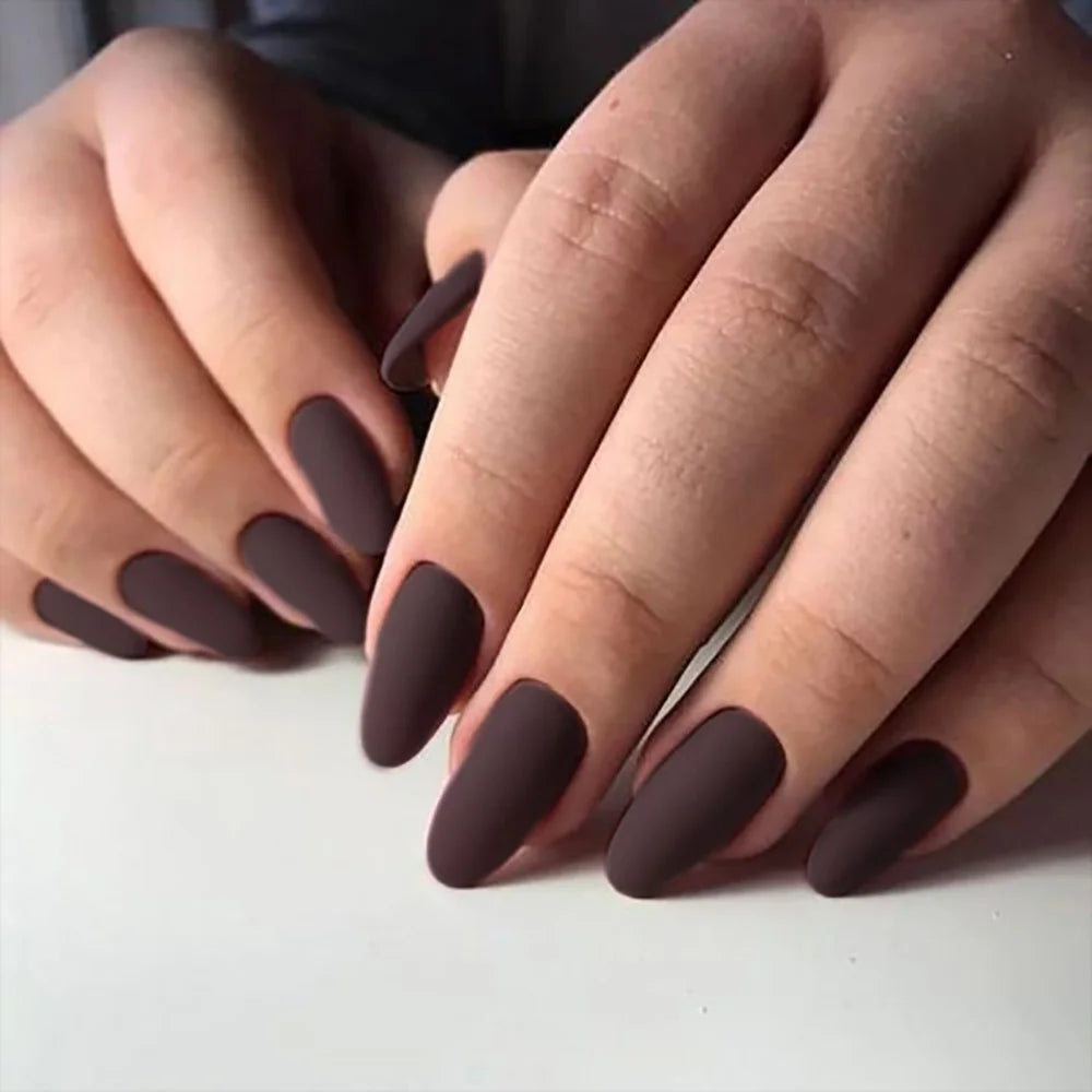 24pcs/set short fake nails for women girls almond ballet nail tips matte red nude brown faux ongles press on acrylic false nail