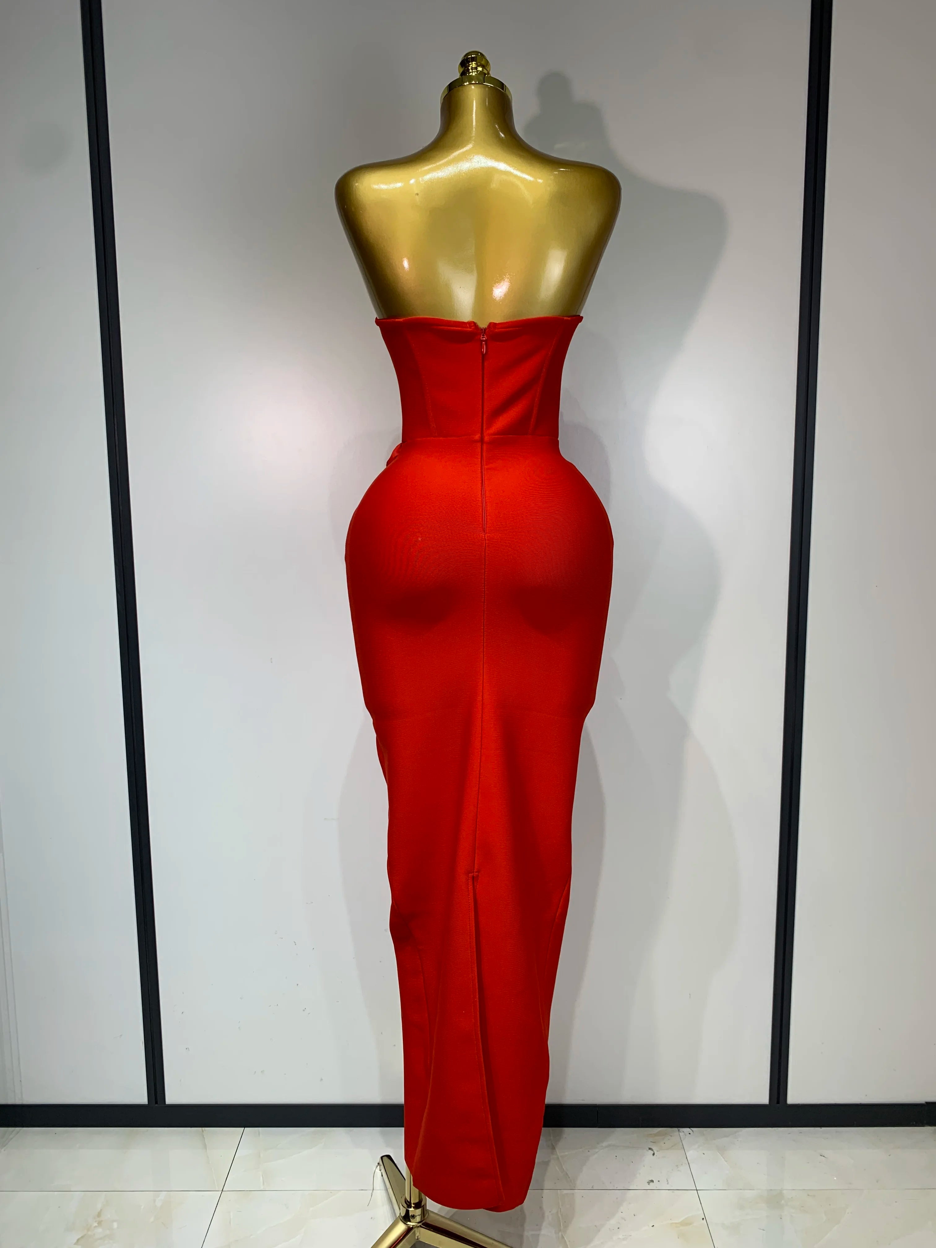 Vestido midi bandagem feminino sensual sem alças e costas nuas, flor vermelha, 2025, elegante, para festa de aniversário e boate
