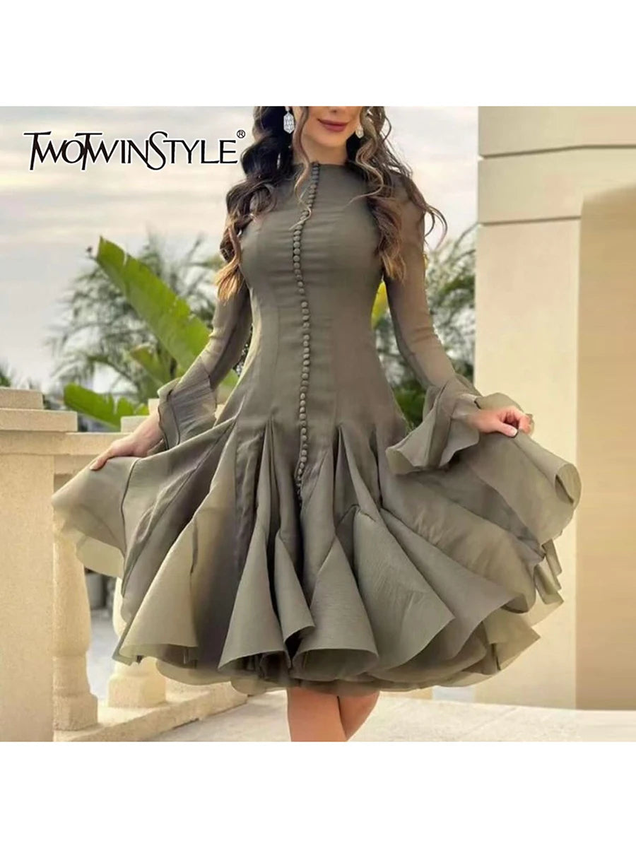 TWOTWINSTYLE Solid Spliced Button Slimming Dresses For Women O Neck Long Sleeve High Waist Patchwork Ruffles Female Fashion