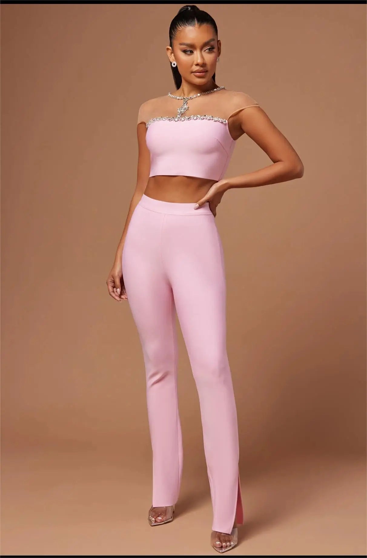 New Fashion Pink Color Women Sexy Mesh Crystal Tops Bandage Pants 2 Pieces Bodycon Set High Street Evening Party Set