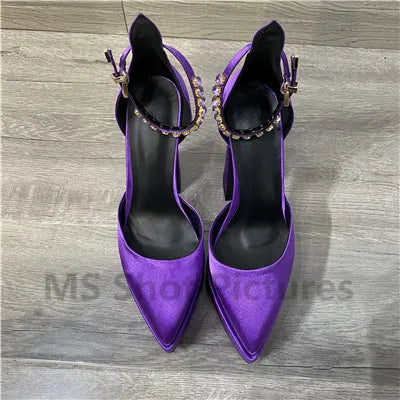 Luxury Women High Heel Shoes Platform Sandals Pointed Toe Woman Silk Pumps Sexy Rhinestone Buckle Chunky Heel Wedding Shoes