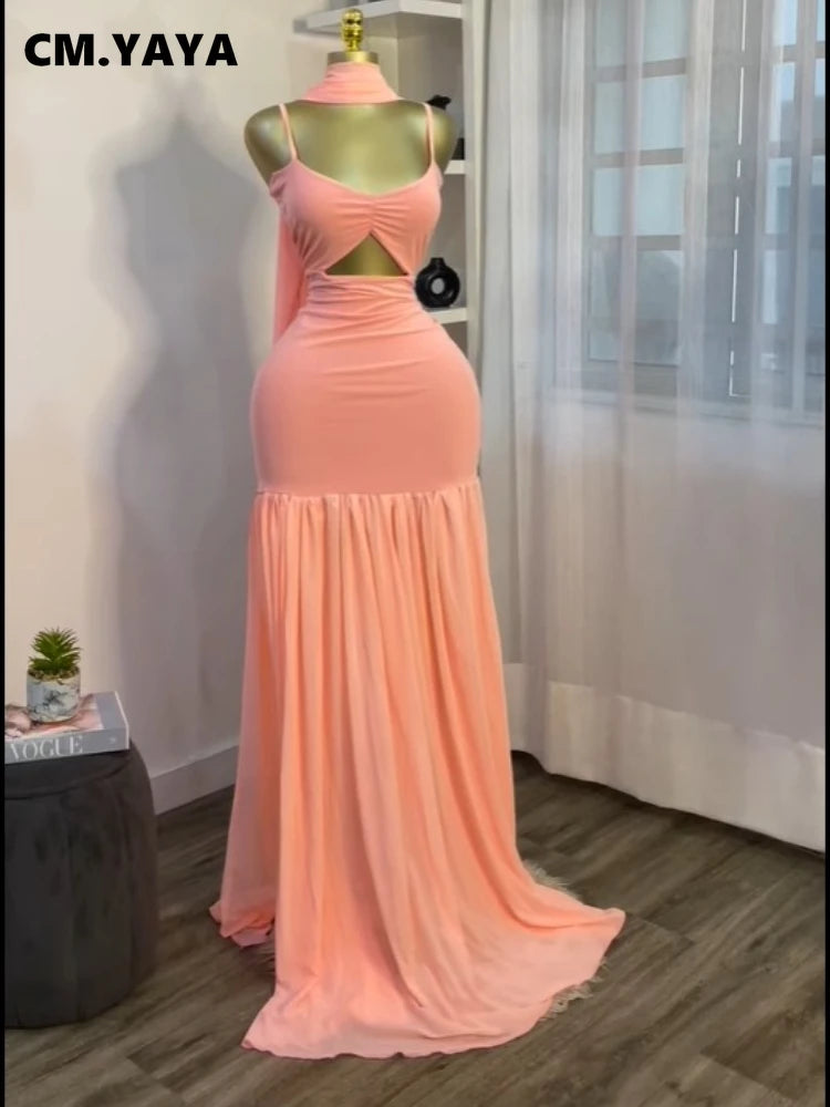 CM.YAYA Women Sleeveless Strap Ruched V-neck Pleated Side Split A-line Midi Maxi Long Dress 2025 Birthday Sexy Party Dresses