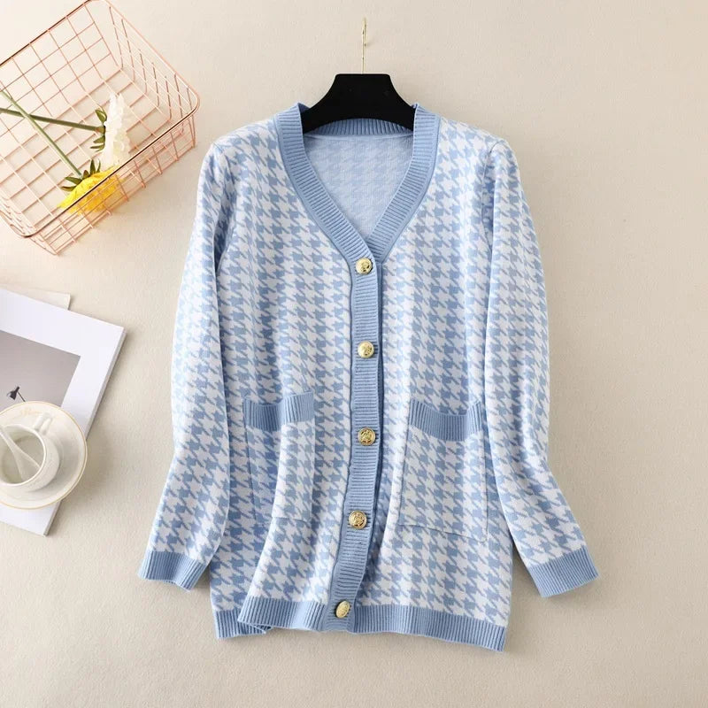 Houndstooth Cardigans Long Sleeve Sweater Women Autumn Winter Clothes Open Stitch Female Outwear Streetwear Knitted Cardigan light blue One Size