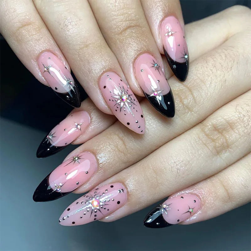 24Pcs Mid-length Almond Fake Nails Black French Rhinestone Press on False Nails Golden Heart Star Wearable Full Cover Nails Tips