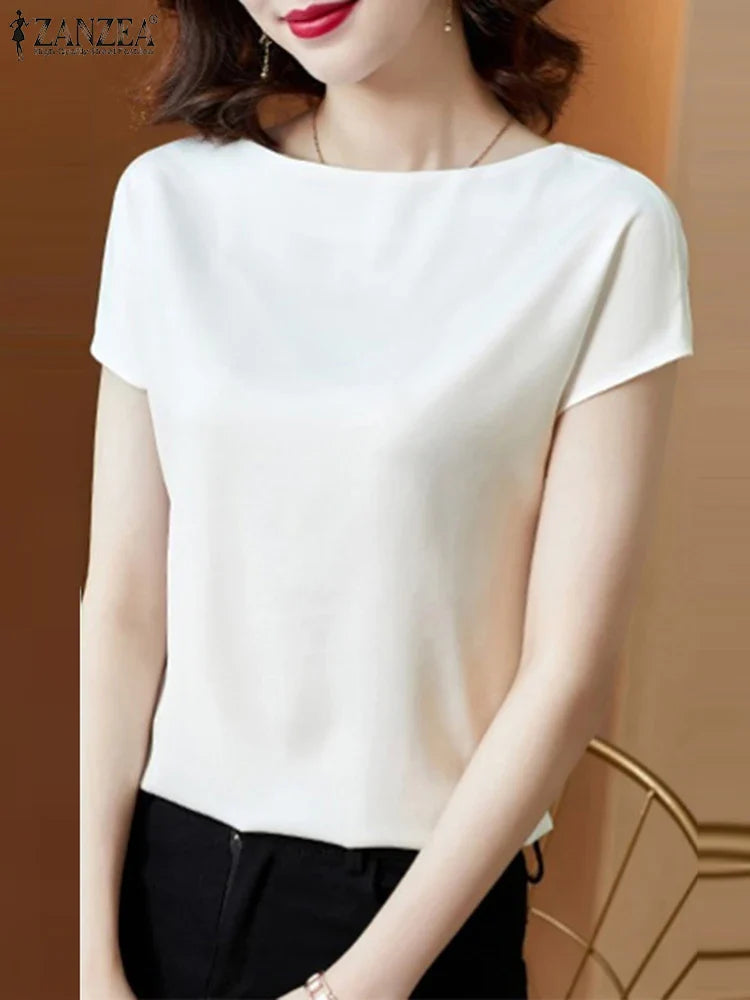 ZANZEA Summer Fashion Blouse Elegant Short Sleeve Satin Shirt Women Stylish OL Work Shirt Female Party Blusas Tunic Chemise