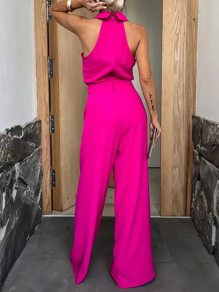 New Spring Summer Women Sleeveless Jumpsuits, Wide Leg Pants Loungewear Playsuits, Patchwork Pocket Simple Ladies Bodysuits