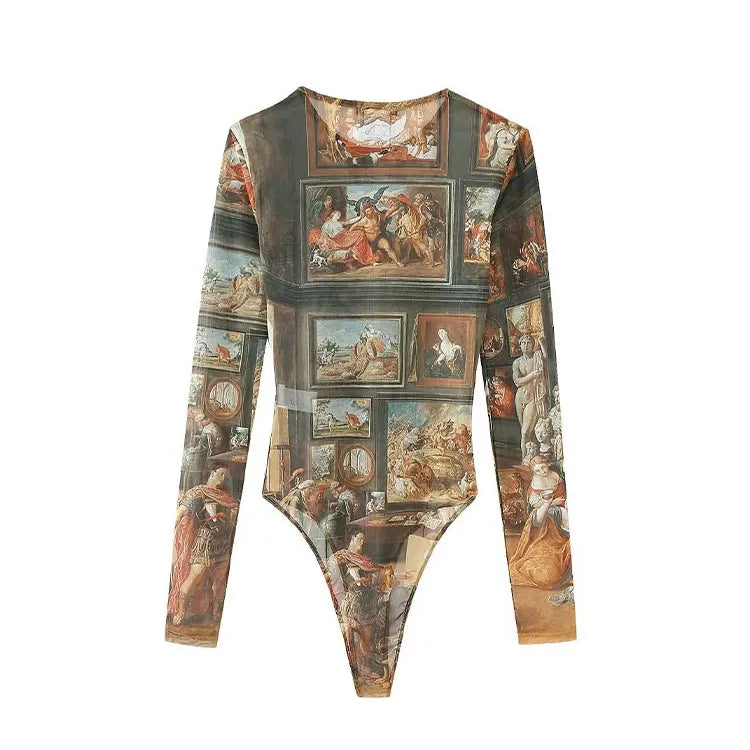 TELLHONEY Women Fashion O-Neck Print Long Sleeves Rompers Female Casual Sexy Slim Fitting Hidden Breasted Rompers