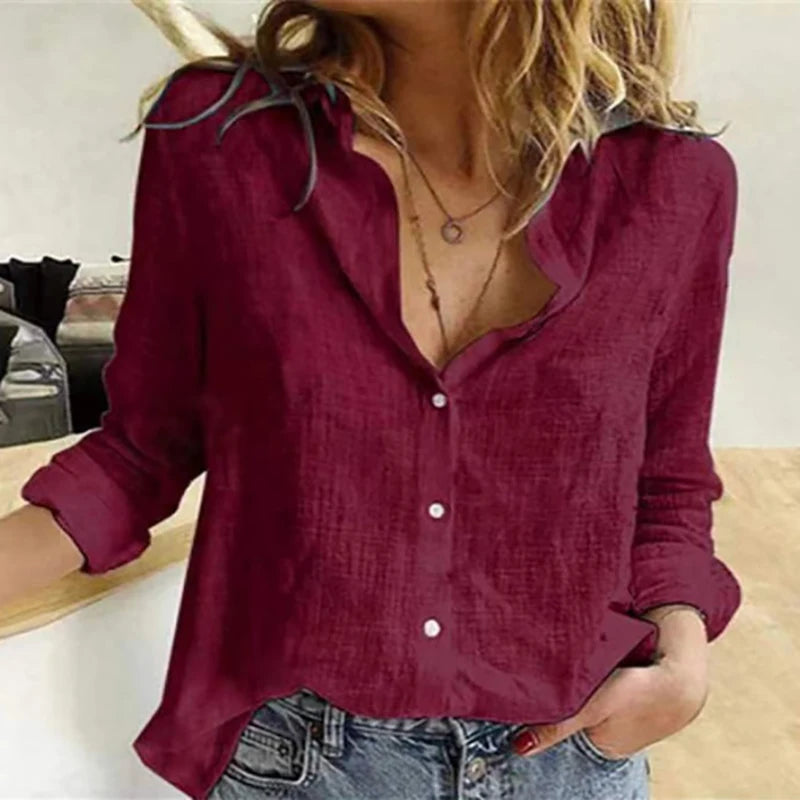 Women Casual Long Sleeve Cotton Linen Loose Shirt Elegant Solid Harajuku Lapel Blouse Vintage Oversize Tops Y2K Streetwear Tunic Claret