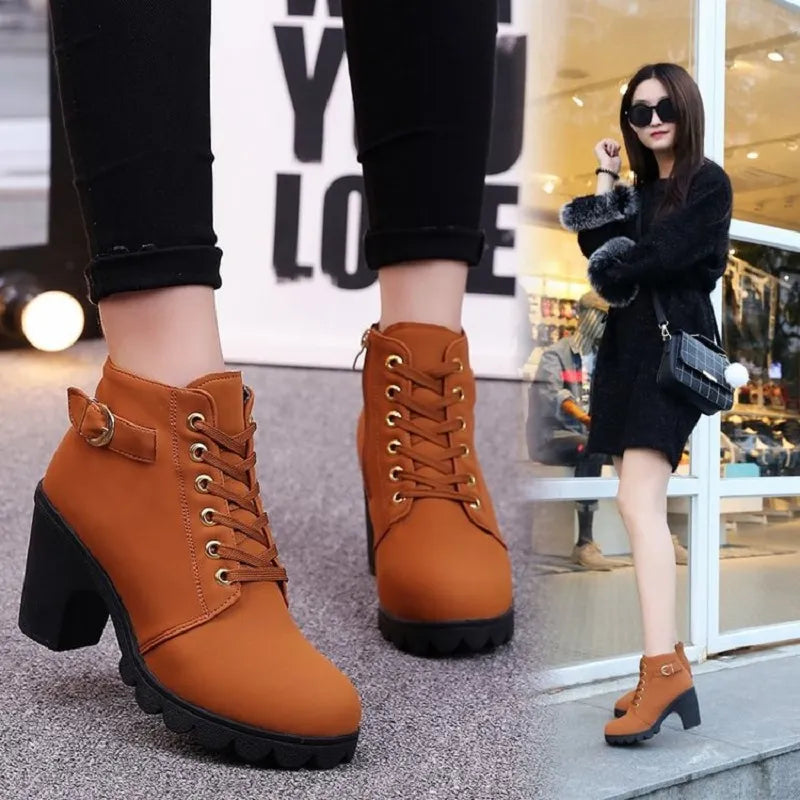 Spring Winter Women Pumps Boots Lace-up European Ladies Shoes PU High Heels Boots