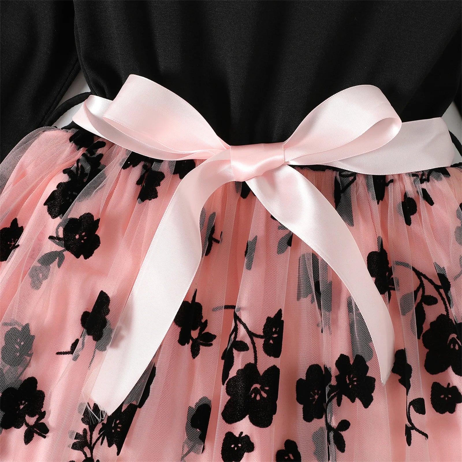 Kid Girl Dresses Floral Embroidered Belted Mesh Splice Long-sleeve Dress Kids Clothes