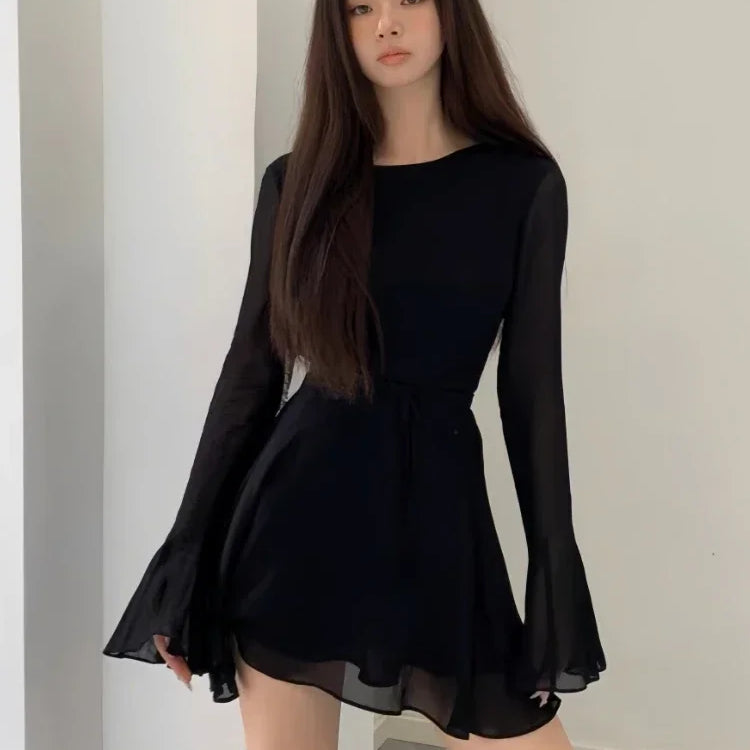 HOUZHOU Backless Black Dress Women Elegant Back Hollow Out Lace-up Long Sleeve Mesh Patchwork Sexy Slim Ruffle Mini Dress Party Black